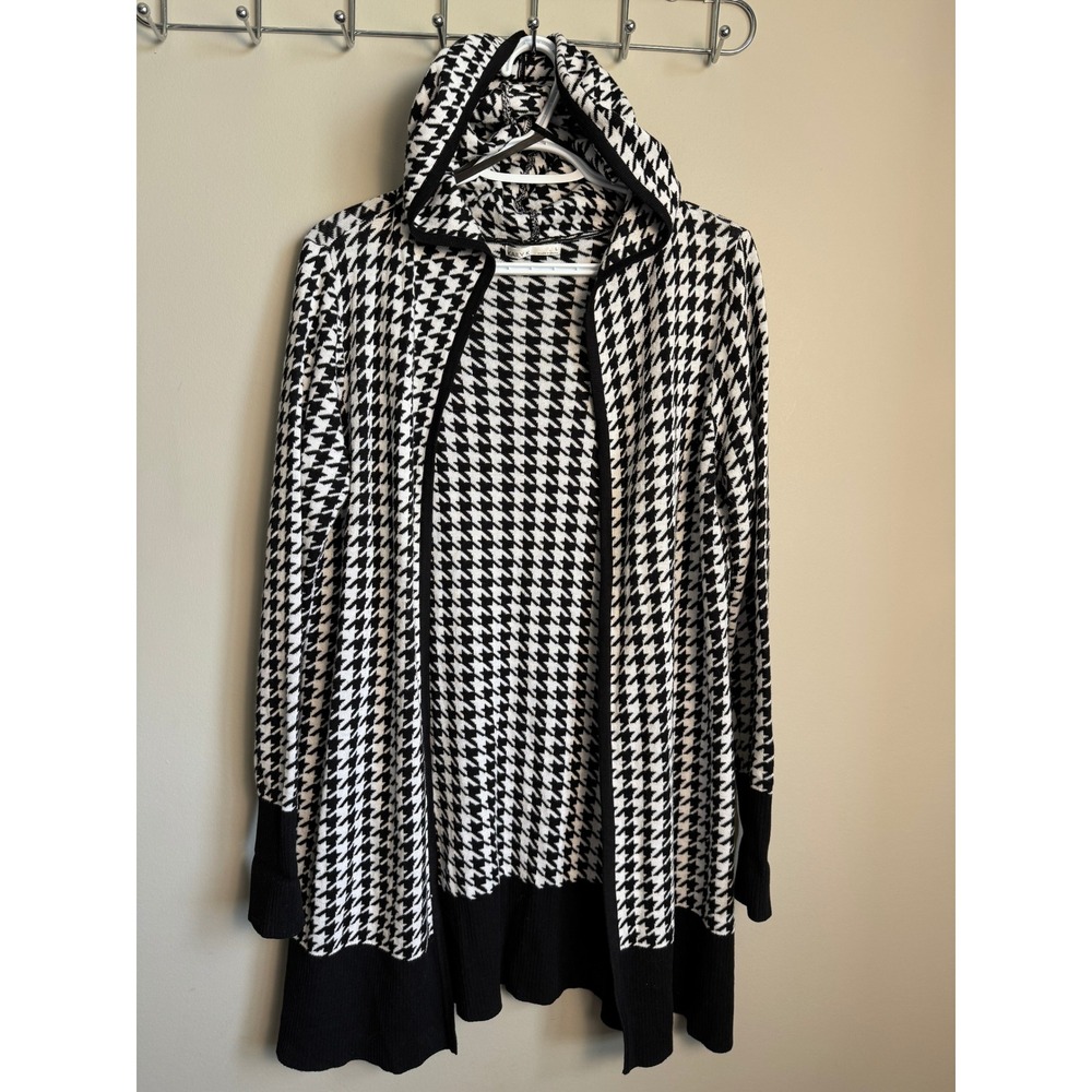 Kaily K Houndstooth‎ Hooded Open Front Cardigan Sweater L Dark Academia Preppy